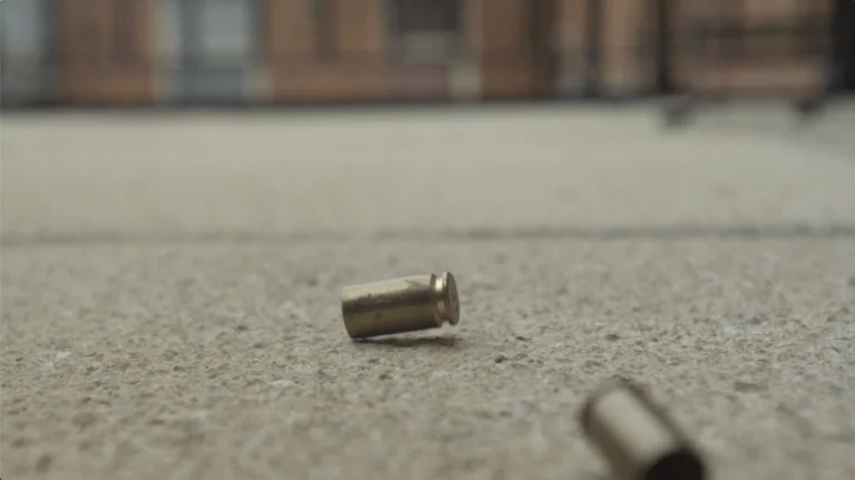 a bullet laying on the ground in front of a building