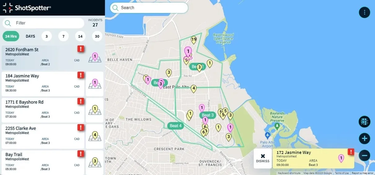 Image of a map with an overlay of spots where ShotSpotter detected gunfire.