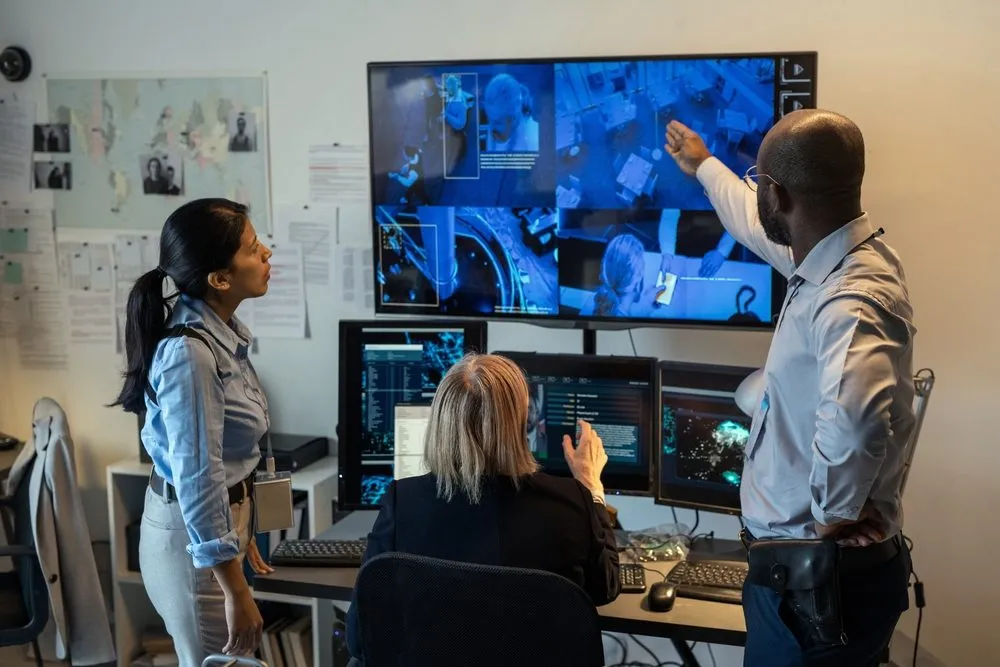 a group of people standing around a computer screen