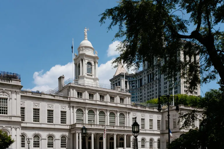 View of New York City Hall and Manhattan Municipal Building in lower Manhattan, New York City, USA