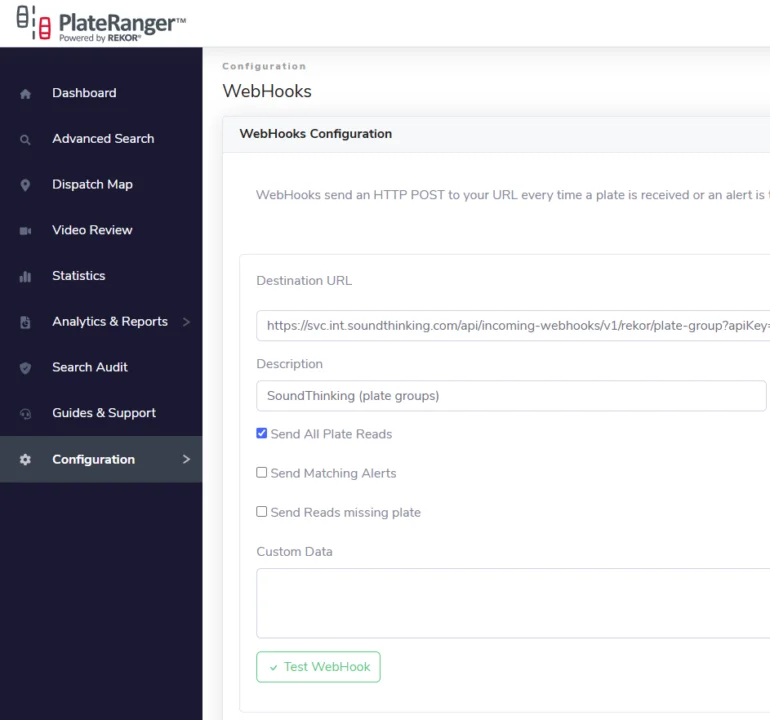 Screenshot of PlateRanger's API Configuration screen