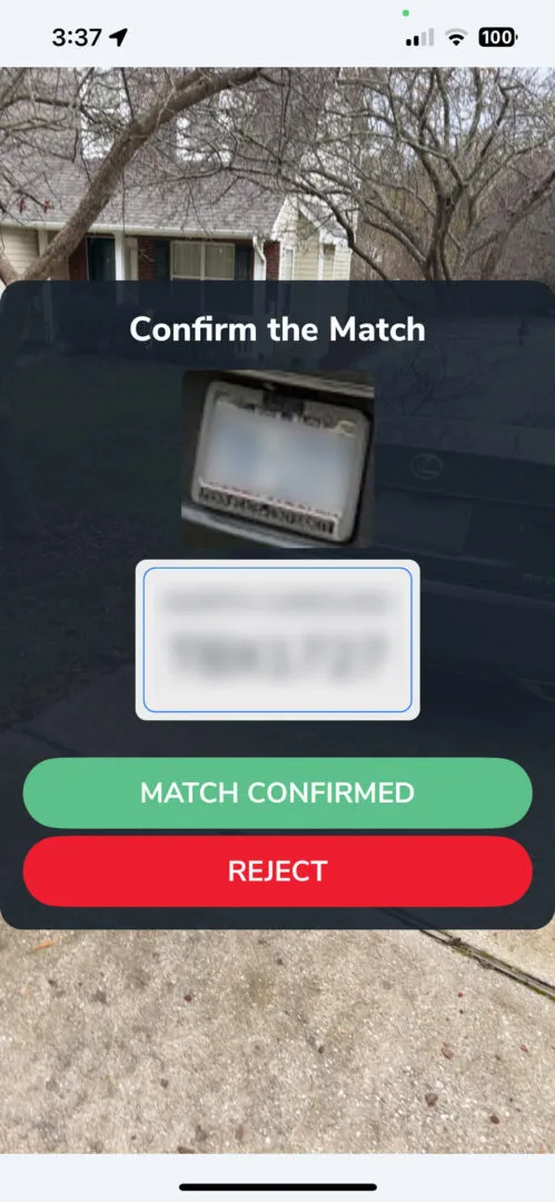 Screenshot of PlateRanger's mobile license plate reader app.