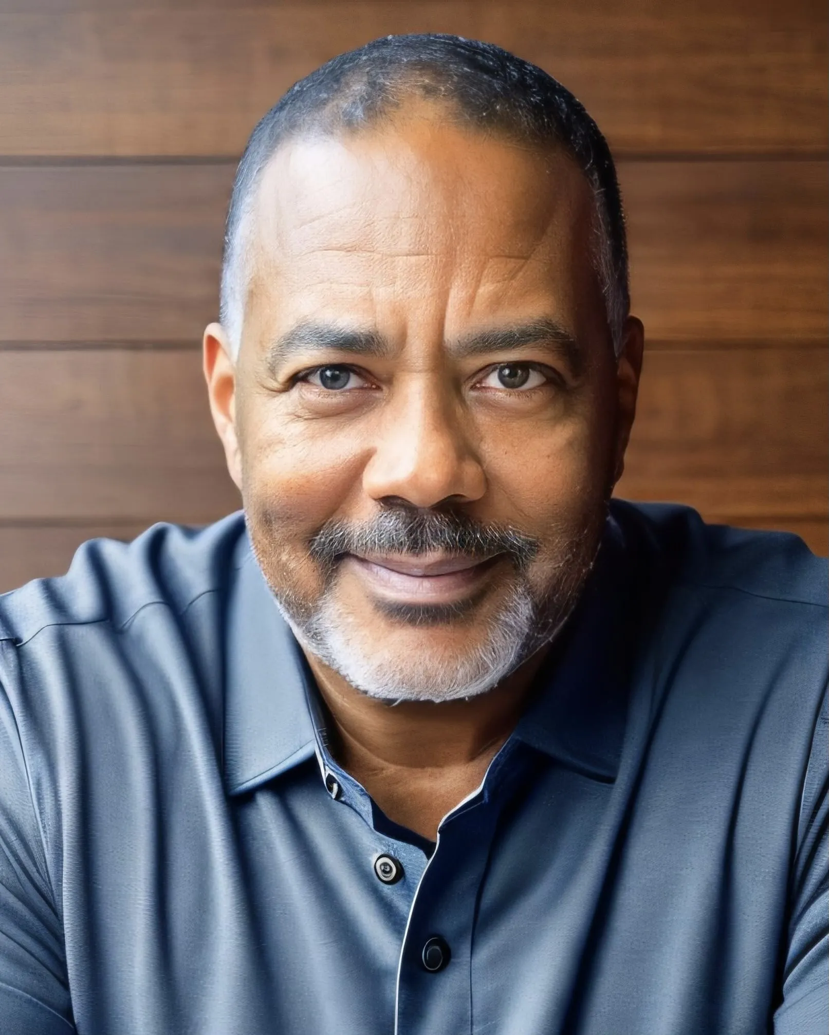 a close up of a person wearing a blue shirt