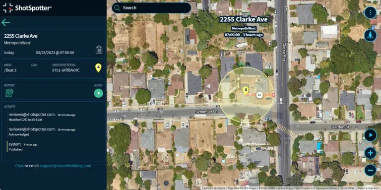 Image of ShotSpotter map with overlay showing response radius.